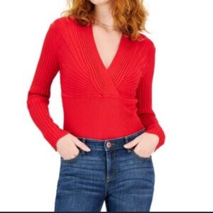 I INC Red V Neck Surplice Empire Waist Ribbed L/S Sweater M Medium $89 EUC KL
